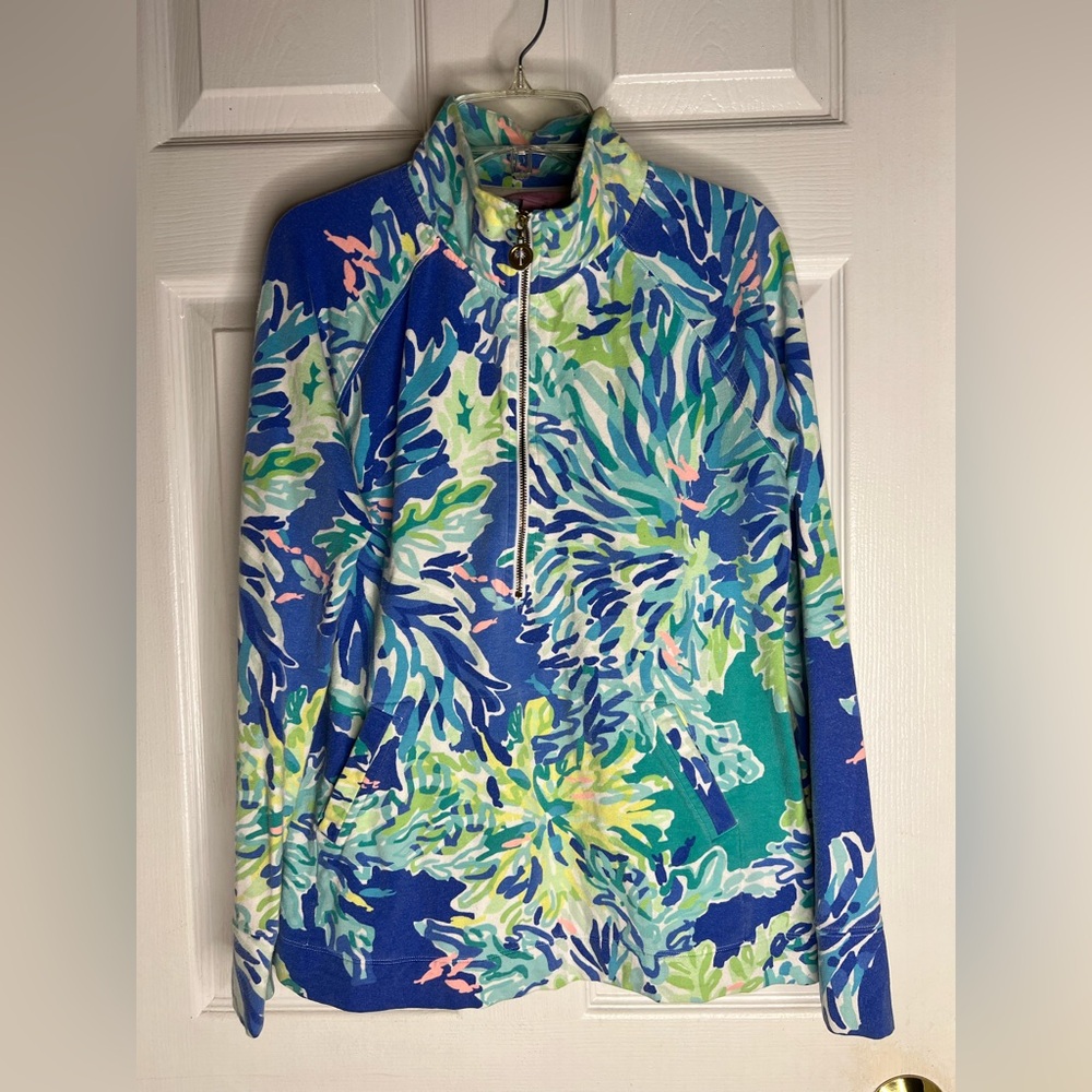 Vivid Blue Floral Quarter-Zip Sweater